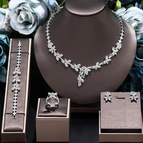 Classic Rectangular Cubic Zirconia Wedding Necklace and Earrings Set