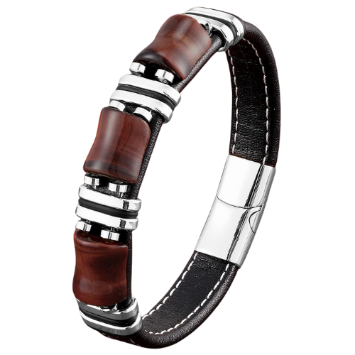 Trendy Tiger Eye Stone Bracelet with Black Leather Rope for Men