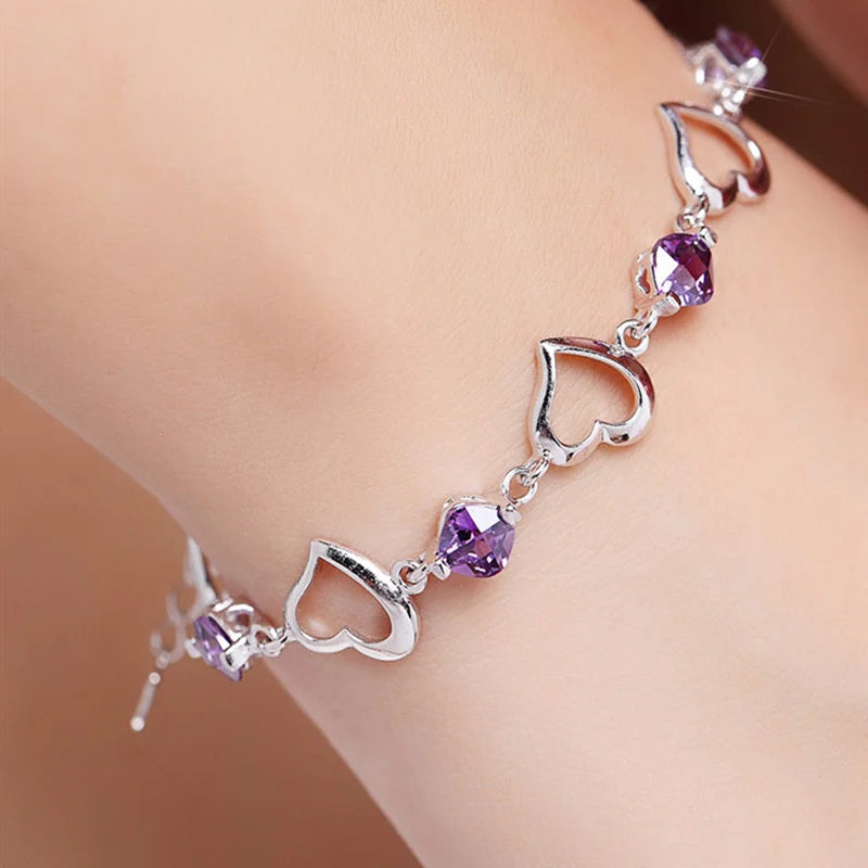 925-Sterling-Silver-Bracelet-Heart-Purple-Crystal