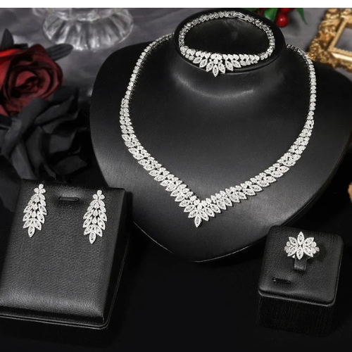 Classic Rectangular Cubic Zirconia Wedding Necklace and Earrings Set