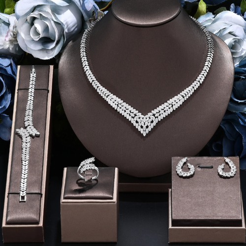 Classic Rectangular Cubic Zirconia Wedding Necklace and Earrings Set