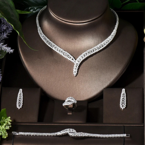 Classic Rectangular Cubic Zirconia Wedding Necklace and Earrings Set