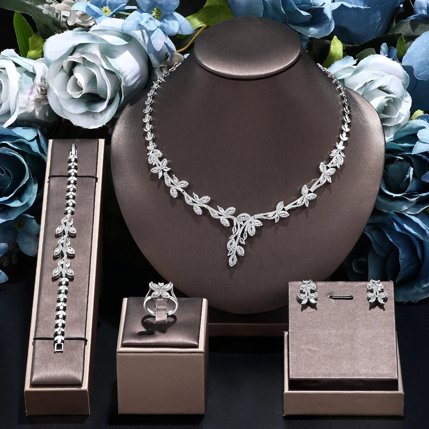 Rectangular-Cubic-Zirconia-Wedding-Necklace-Earrings-Set