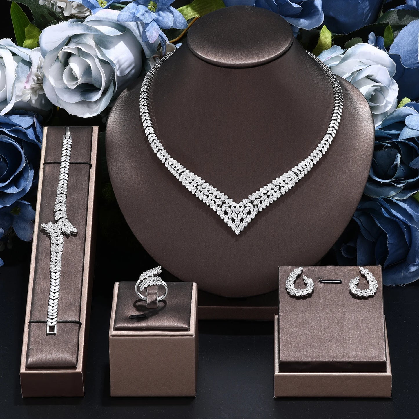 Rectangular-Cubic-Zirconia-Wedding-Necklace-Earrings-Set