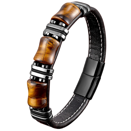 Trendy Tiger Eye Stone Bracelet with Black Leather Rope for Men