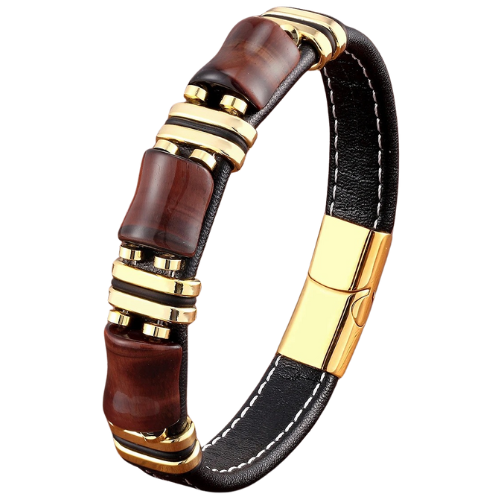 Trendy Tiger Eye Stone Bracelet with Black Leather Rope for Men